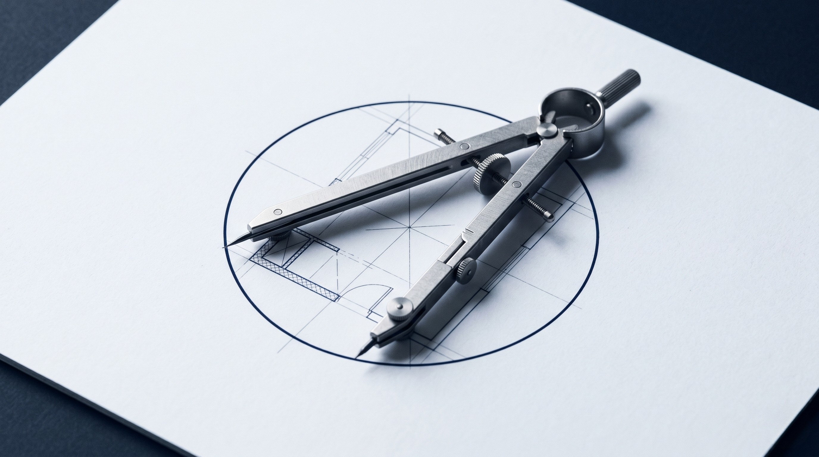 A drafting compass resting on an architectural drawing