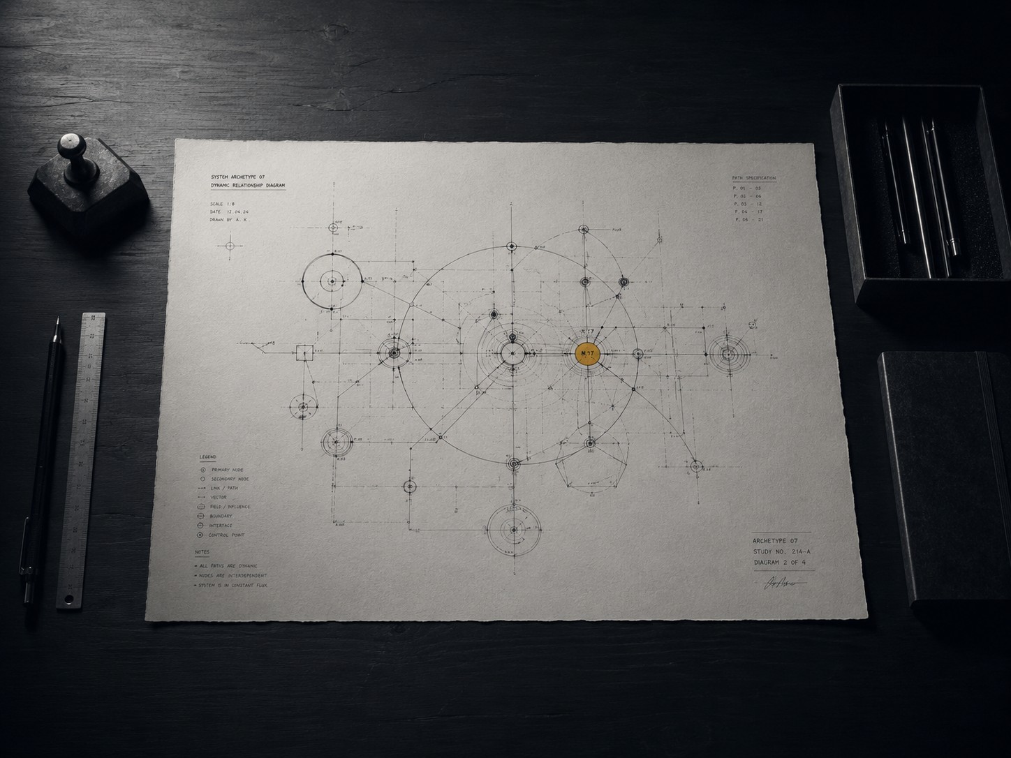 A hand-drawn system diagram of nodes and paths with a single highlighted control point